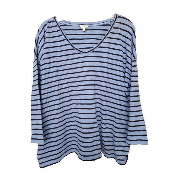 Talbots Tops - Talbots 100% Cotton Blue w/Black Stripes 3/4 Sleeve Slub Knit T-Shirt Size XL